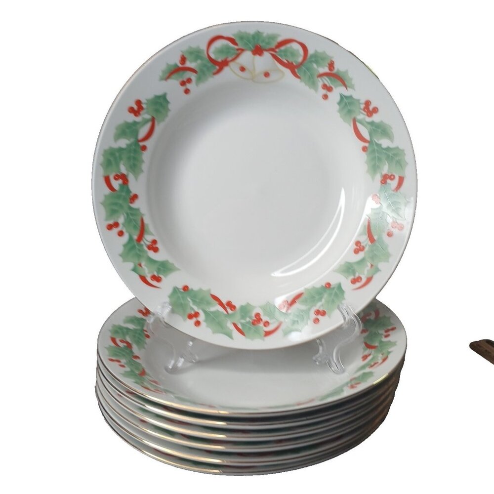 Sango NOEL 7 Rimmed 7 3/4" Soup Cereal Bowls Vintage Holly Bells Christmas 1990